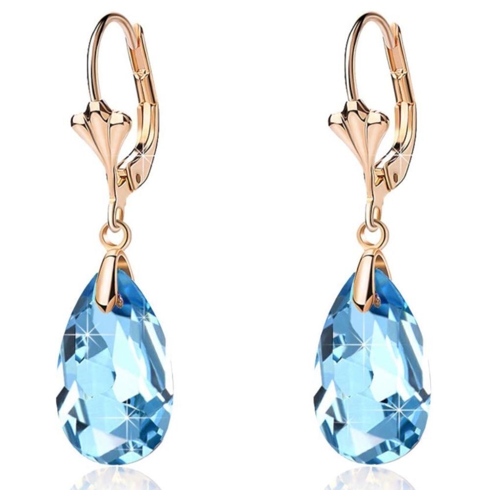 14K Yellow Gold and Aquamarine Blue Austrian Crystal Teardrop Leverback Earrings